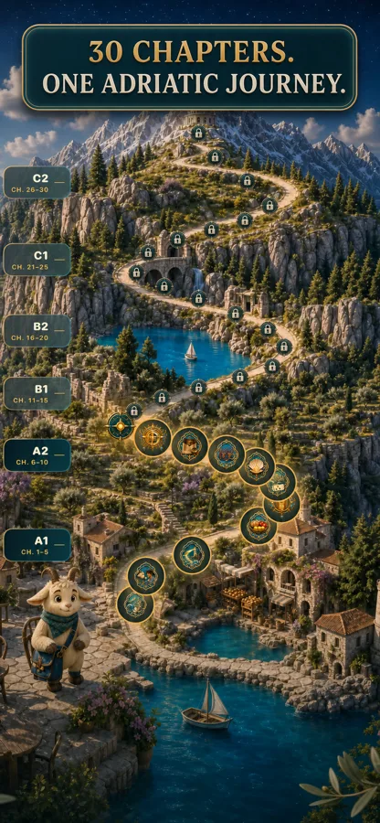The Lumo world map — a winding road from a seaside village up into the mountains, with 30 chapters across levels A1 to C2